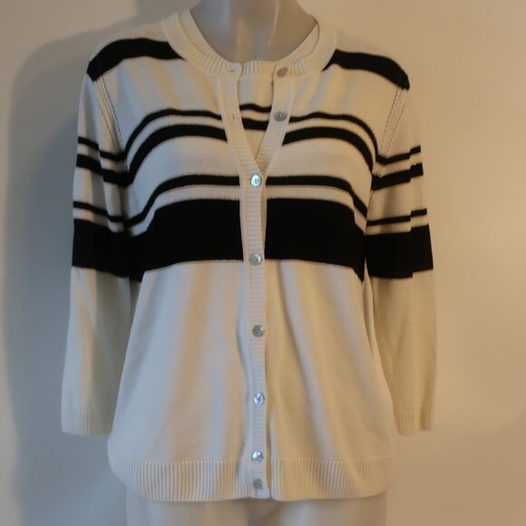 Womens St. John White Black 2Pc Sweater Set Pullover Knit Top Cardigan M * - Picture 1 of 13